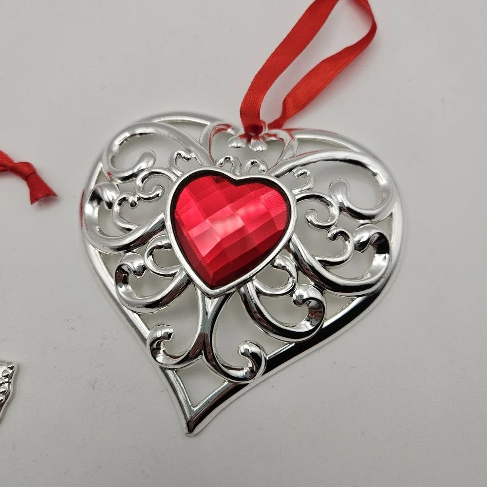 Lenox Silverplate Angel & Heart Hanging Ornaments Set of 2, Silver/Red Christmas